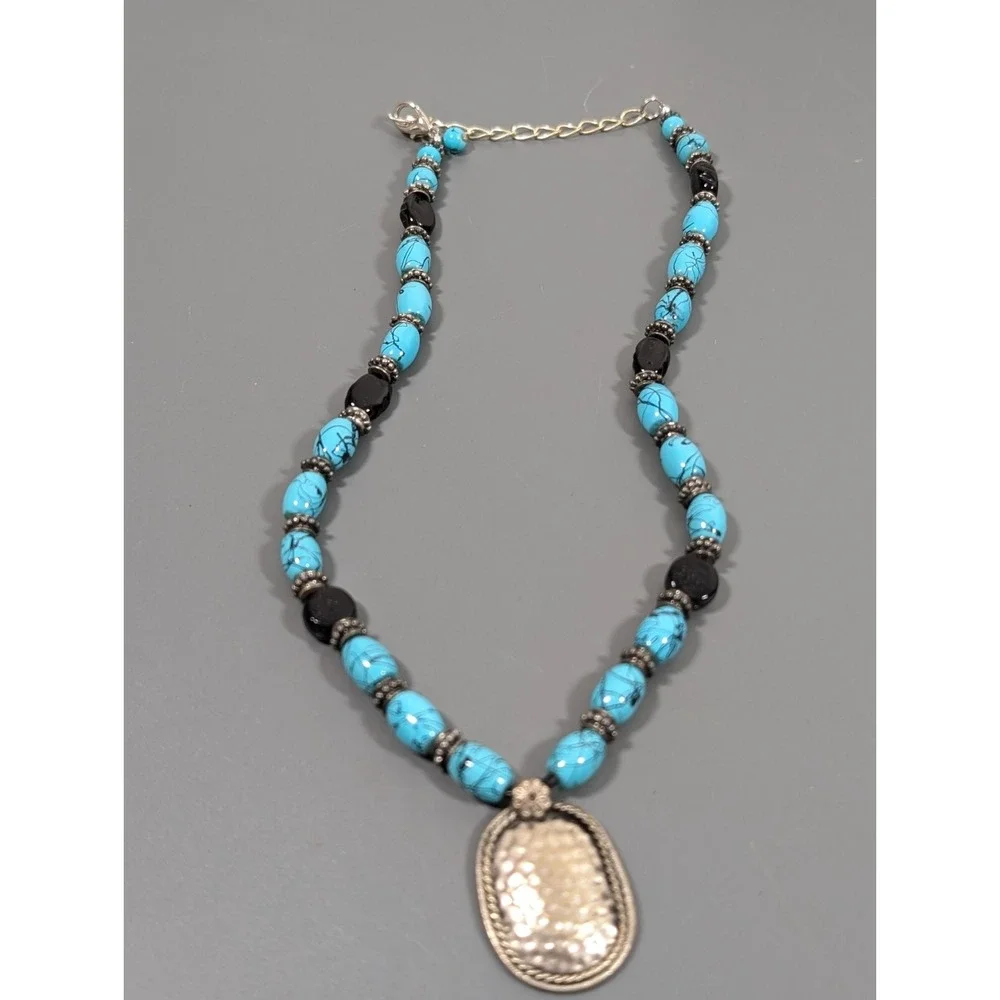 Boho Tribal Blue Faux Turquoise Black Glass Bead‎ Hammered Necklace 21 in